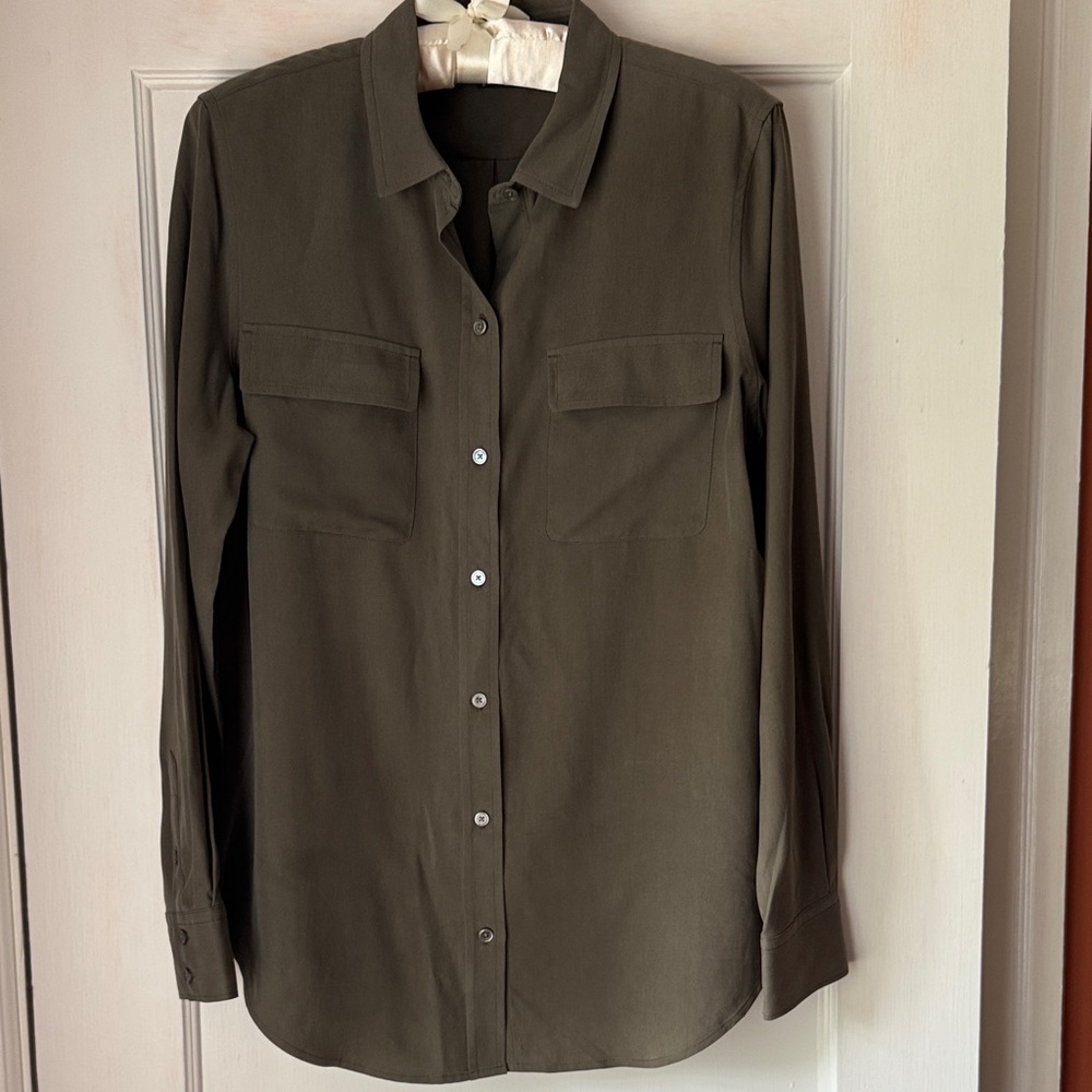 Women’s silk long sleeve Olive Green Shirt with patch pockets